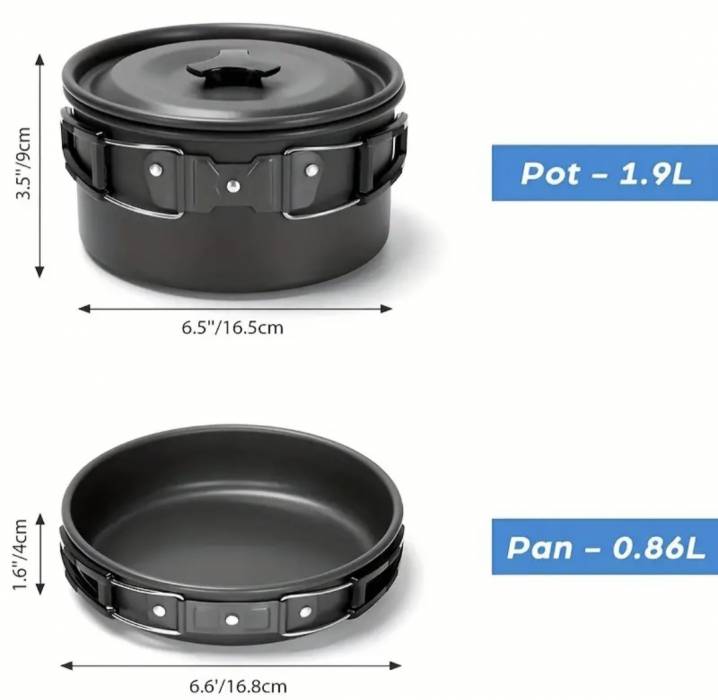 Набор кемпинговой посуды на 2 персоны (2 кастрюли, чайник, 2 тарелки, столовые приборы, 2 термостакана, губка)