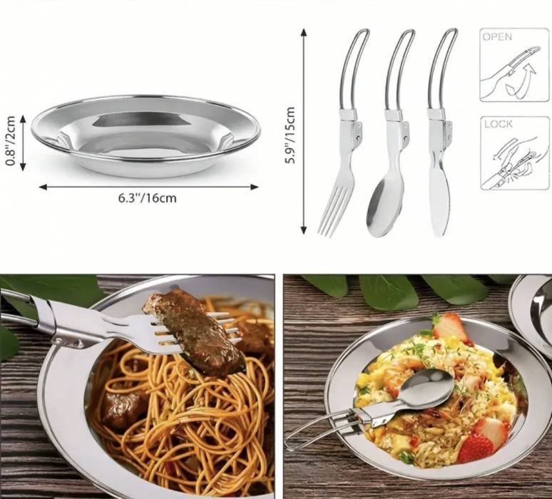 Набор кемпинговой посуды на 2 персоны (2 кастрюли, чайник, 2 тарелки, столовые приборы, 2 термостакана, губка)
