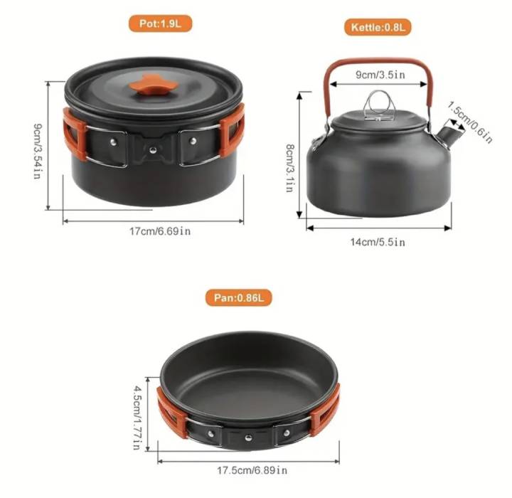 Набор кемпинговой посуды на 2 персоны (2 кастрюли, чайник, 2 тарелки, столовые приборы)