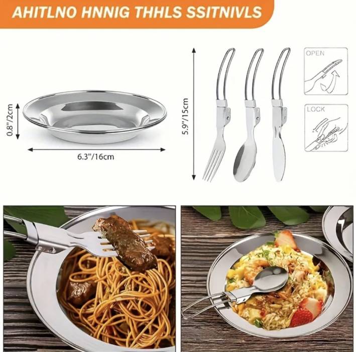 Набор кемпинговой посуды на 2 персоны (2 кастрюли, чайник, 2 тарелки, столовые приборы)