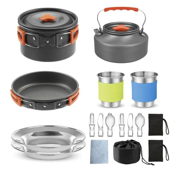 Набор кемпинговой посуды на 2 персоны (2 кастрюли, чайник, столовые приборы, 2 термостакана)