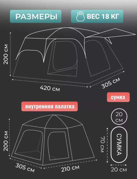 Палатка-шатер Hanlu HL-8886,4,3х3,05х2 м с тентом и шатром, на 8-12 человек