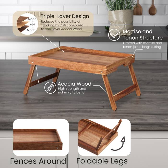 Столик-поднос из натуральной древесины акации, со складными ножками